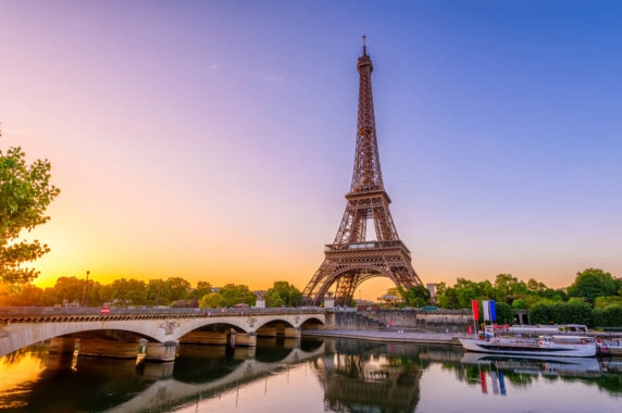 View of Eiffel Tower and river Seine at sunrise in Paris, France
